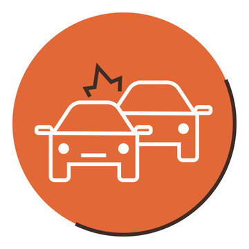 Two cars colliding inside an orange circle vector illustration. Car insurance, traffic safety, road accident, emergency services, legal claims, automotive repair. Pair of vehicles crashing