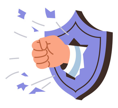 Human fist punching through a broken shield vector illustration. Security breach, data protection, cyber attack, vulnerability, strength, overcoming obstacles. Hand hitting armor