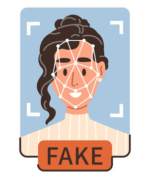 Woman face with biometric mesh and fake label vector illustration. Deepfake, identity theft, AI, security, cybercrime, recognition. Female portrait with digital grid and fraud tag