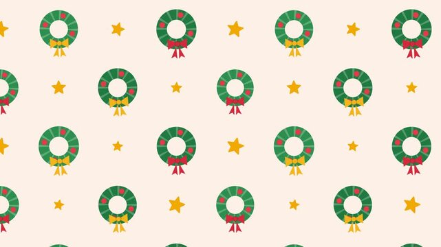 Animated Christmas holiday pattern with green wreaths red bows and yellow stars on cream background