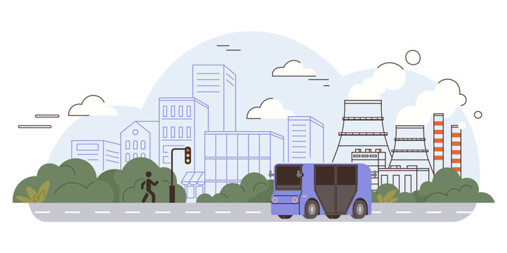 City skyline with factory and bus vector illustration. Urban planning, industrial pollution, public transport, smart city, environment, infrastructure. Metropolitan view with plant and vehicle