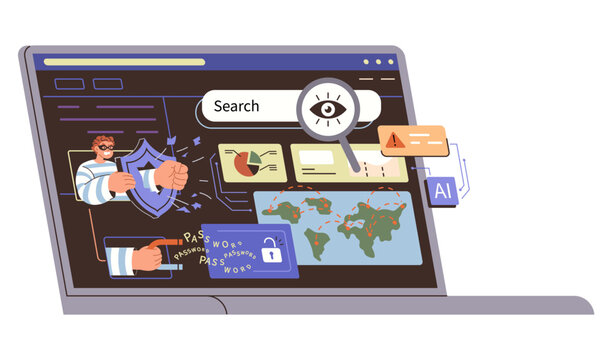 Laptop screen with hacker and shield vector illustration. Cybersecurity, data protection, network safety, digital privacy, cybercrime, information technology. Computer monitor with thief, icon