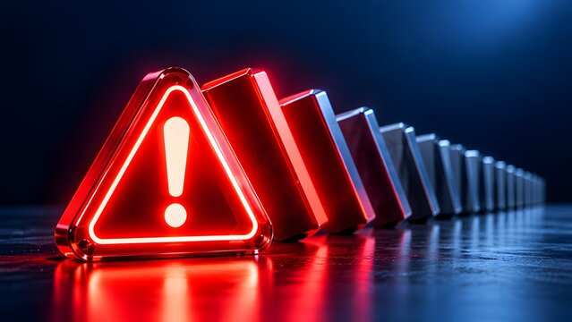 Glowing red hazard triangle stopping falling domino chain reaction
