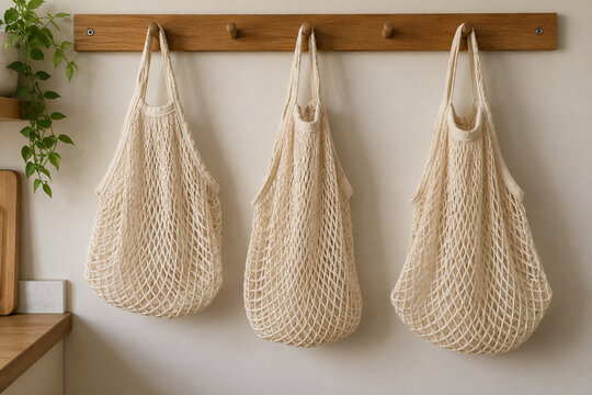 Freshly washed reusable produce bags drying on a kitchen rail