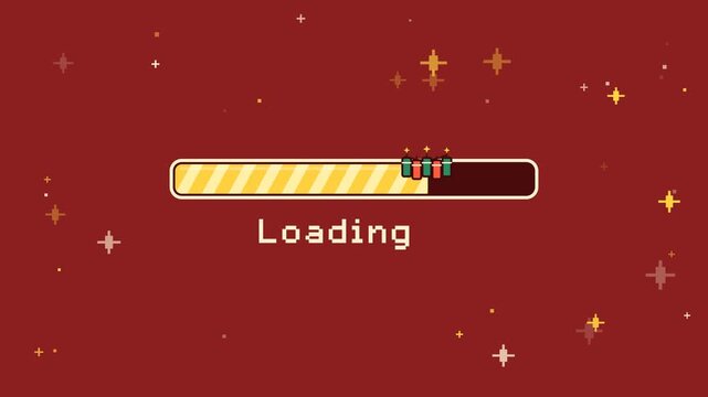 Pixel art diwali loading bar animation with firecrackers and twinkling stars on red background
