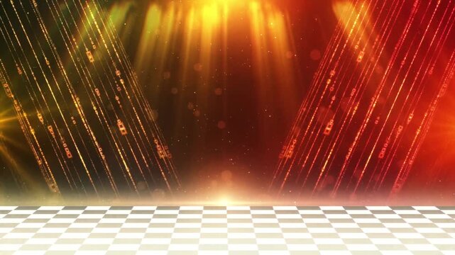 チェッカーフラッグ柄の床と光が交差する華やかなステージ