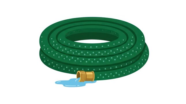 Green garden hose coiled with water leaking from brass fitting on white background
