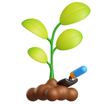 Growing Seedling and Trowel 3D Illustration