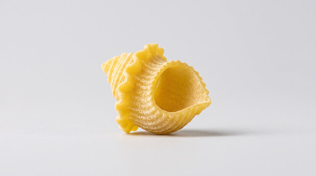 P&acirc;te jaune en forme de coquille stri&eacute;e isol&eacute;e sur fond blanc