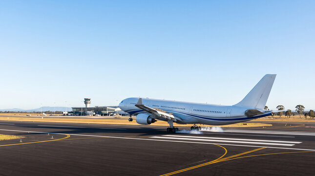 Avion commercial atterrit sur une piste par temps clair