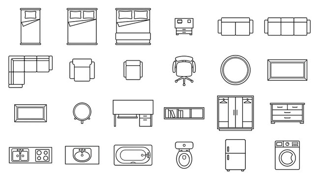 24 Top View Furniture Outline Icons Set for Interior Design and Floor Plan Vector Collection