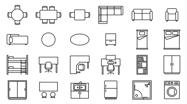 Minimal Top Down Furniture and Home Interior Linear Icons for Architectural Floor Plans