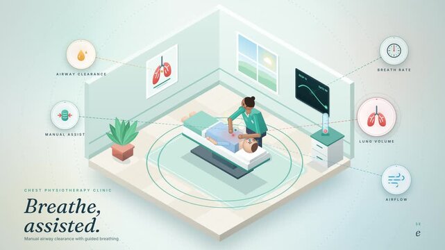 Isometric medical vector illustration of a doctor assisting a patient with respiratory care in a clinic room