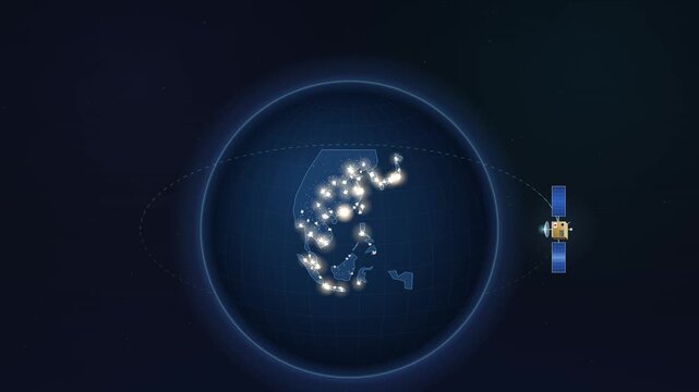 Satellite orbiting above a glowing continental landmass displayed inside a futuristic circular radar display.