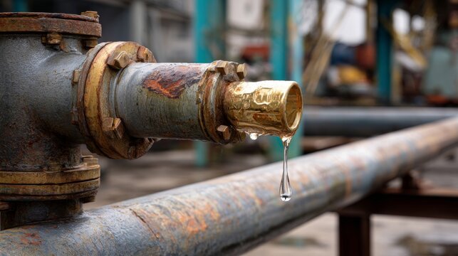 Water dripping from old rusty industrial metal pipe valve fitting drop