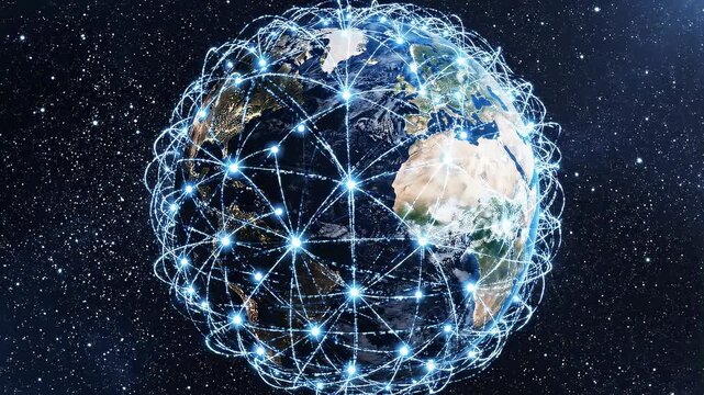 Earth digital network growing with connections across continents in starry space during nighttime