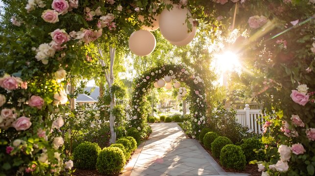 Enchanted garden walkway with rose arches and lanterns at sunset