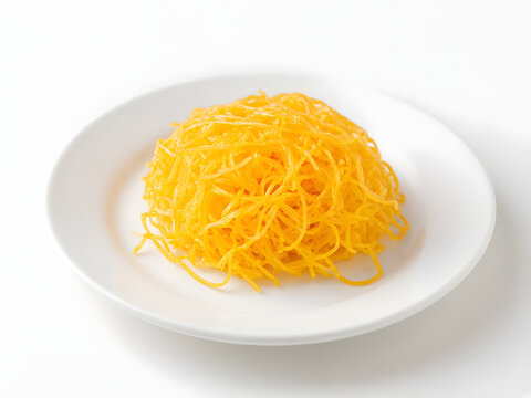 Thai foi thong golden egg yolk threads on white plate