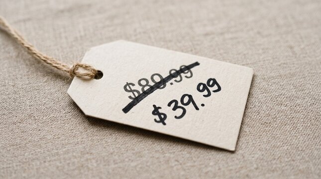 Price tag showing a discount from eighty nine ninety nine to thirty nine ninety nine dollars on a textured fabric background