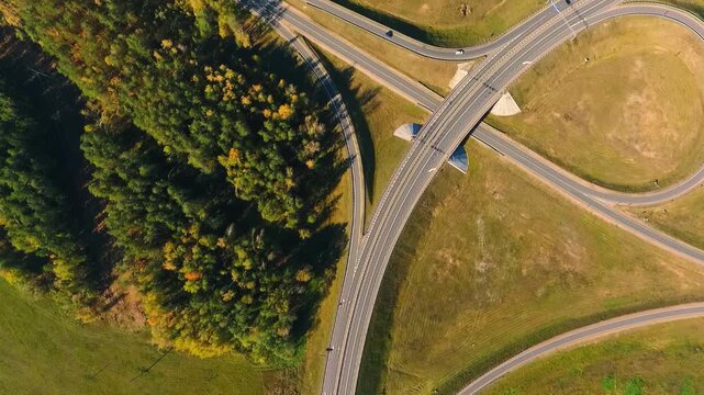 Traffic moving highway bridge top view. Cars trucks driving near autumn forest.