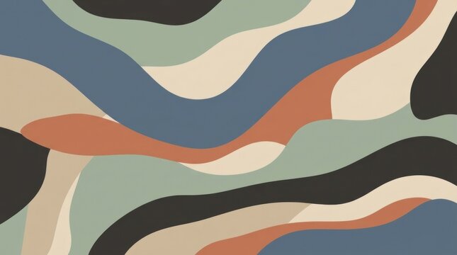 Abstract fluid artwork featuring organic flowing ribbons and wavy shapes in a sophisticated muted color palette of navy blue, sage green, terracotta, and beige for modern interior design background.
