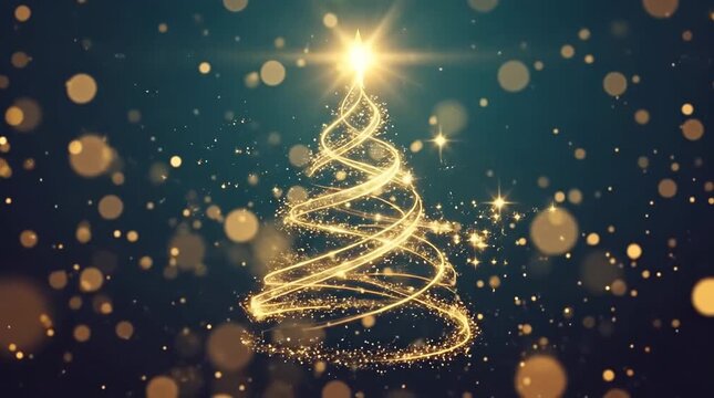 Stylized Minimalist Christmas Tree Formed by Golden Light Trails with Glowing Star and Bokeh Particles