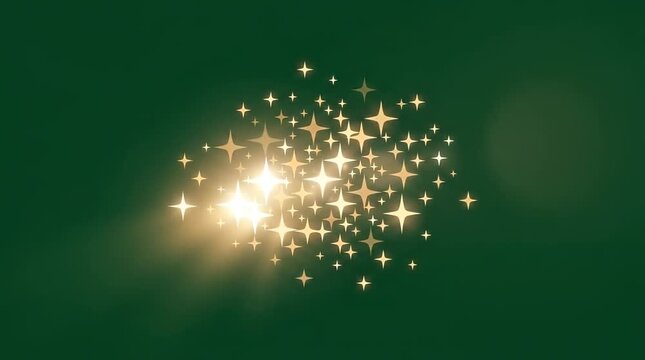A Cluster of Glowing Golden Four Pointed Star Shapes Twinkling on a Dark Green Background Backdrop