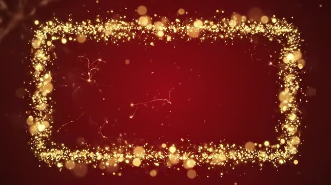Golden Rectangular Decorative Border Frame with Sparkling Glitter Particles on Red Background 32 FS
