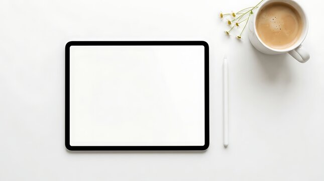 Modern digital tablet mockup with coffee and stylus pen on white desk