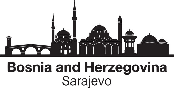 Detailed black skyline illustration of sarajevo city in bosnia and herzegovina featuring a minimalist artistic silhouette