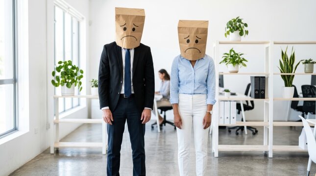 Two professionals in office attire wear sad paper bags on their heads, symbolizing workplace unhappiness or anonymity in a modern office setting.