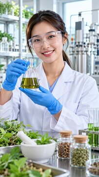 A female scientist wearing protective goggles and blue gloves, holding a flask filled with a green liquid in a laboratory setting. She is smiling at the camera.