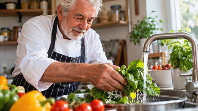 An elderly chef meticulously washing fresh vegetables under a running faucet in a well-equipped kitchen. Colorful produce is arranged on the counter.