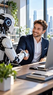 A man and a robot shaking hands in a modern office setting, symbolizing collaboration between humans and artificial intelligence
