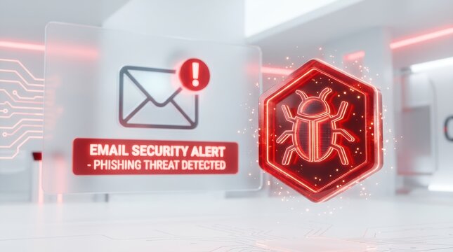 A digital alert warns of a phishing threat detected in an email, with a red bug icon symbolizing malware or a security risk.