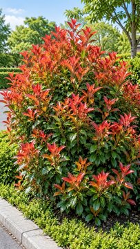 A vibrant red-leafed shrub with lush green foliage, thriving in a well-maintained garden setting. The contrast of red and green creates a striking visual appeal.