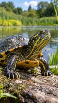 A turtle basking on a log near a tranquil pond, its shell intricately patterned. The surrounding greenery and calm water create a serene natural setting