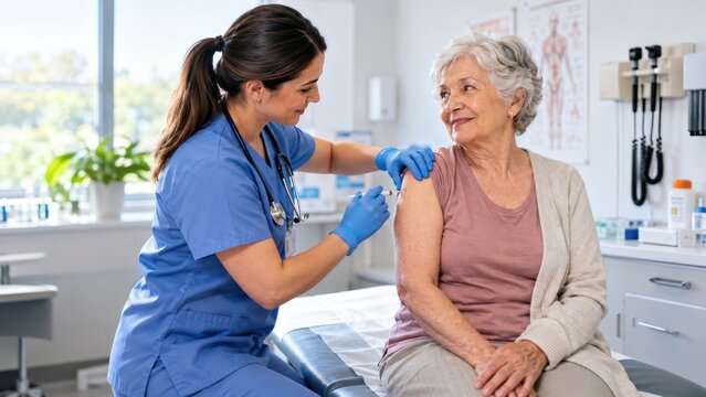 A female nurse in blue scrubs and gloves administers a vaccine to an elderly woman sitting on an examination table. The woman has white hair and is smiling at the nurse.