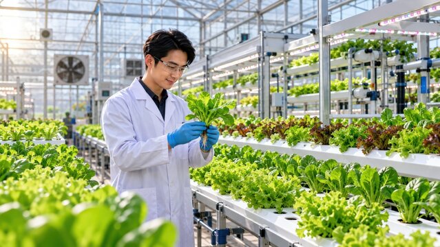 A scientist inspecting leafy greens in a hydroponic greenhouse, showcasing modern agriculture and sustainable farming techniques