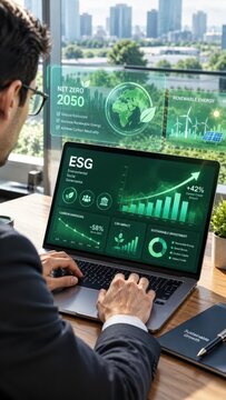 A businessman analyzes ESG data on a laptop with a cityscape in the background. The screen displays charts and graphs related to environmental, social, and governance performance.