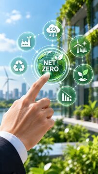 Net Zero carbon emission concept with a finger touching a globe symbol surrounded by icons representing sustainability and green technology.