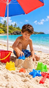 A young boy happily building a sandcastle on a sunny beach with colorful toys and a blue ocean in the background. The boy is wearing blue patterned shorts and has a wide smile on his face.