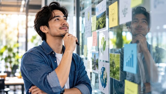 A thoughtful businessman looking at sticky notes and images on a glass wall, contemplating his next move. He is holding a pen to his chin, with a smile of contemplation on his face.
