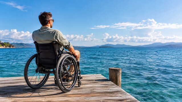 A man in a wheelchair sits on a wooden dock overlooking a serene ocean and blue sky. He appears to be contemplating the expansive view