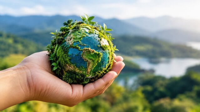 A hand gently holding a lush green Earth, symbolizing environmental protection and ecological care. The planet is covered in vibrant moss and small plants.