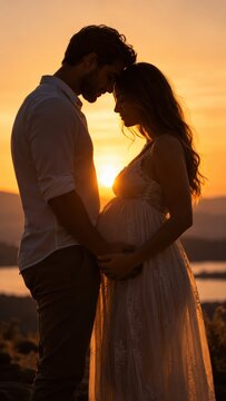 A couple embracing under a warm sunset, with the woman cradling her pregnant belly. Their heads are gently touching, conveying a sense of love and anticipation
