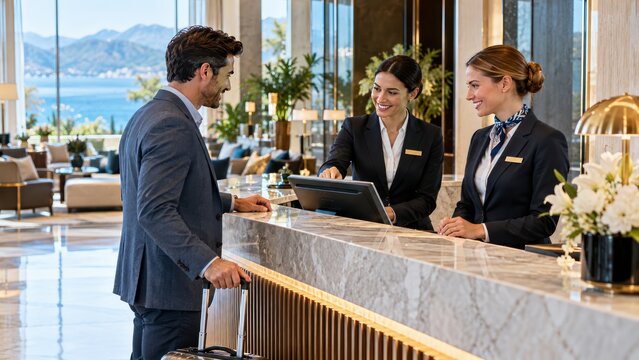 A man checking into a luxury hotel with two female receptionists. The hotel lobby is modern and elegant, with a view of the sea in the background