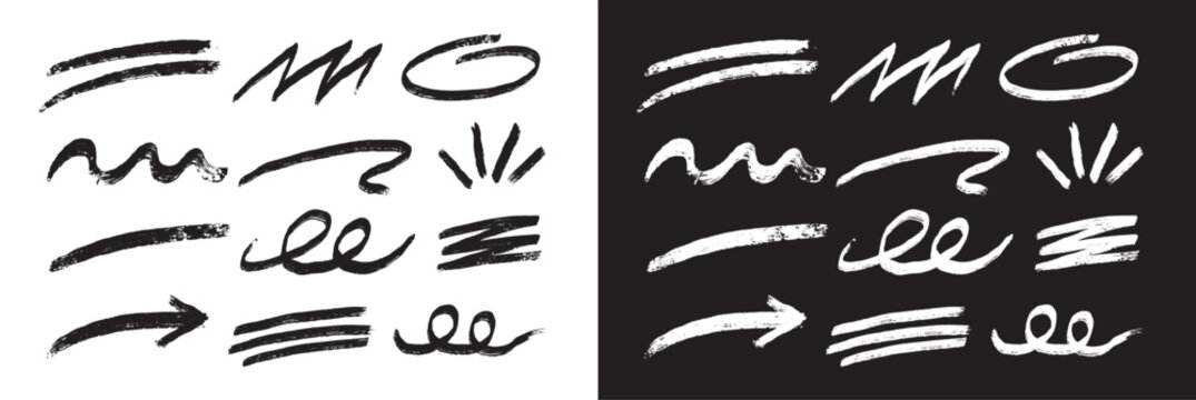 Hand drawn grunge brush stroke line and doodle isolated on white and black background