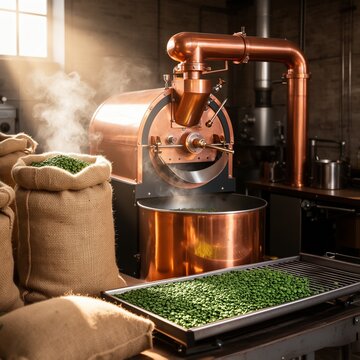 Coffee roastery with copper roasting drum burlap sacks and cooling tray