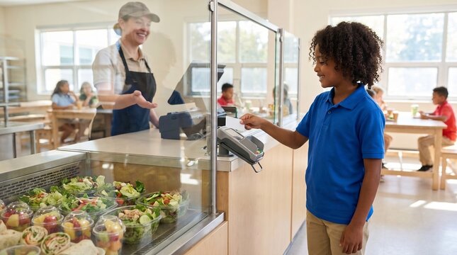 Young boy paying with student card at school cafeteria checkout counter while smiling cafeteria worker looks on with fresh salads and healthy lunch options displayed in the foreground